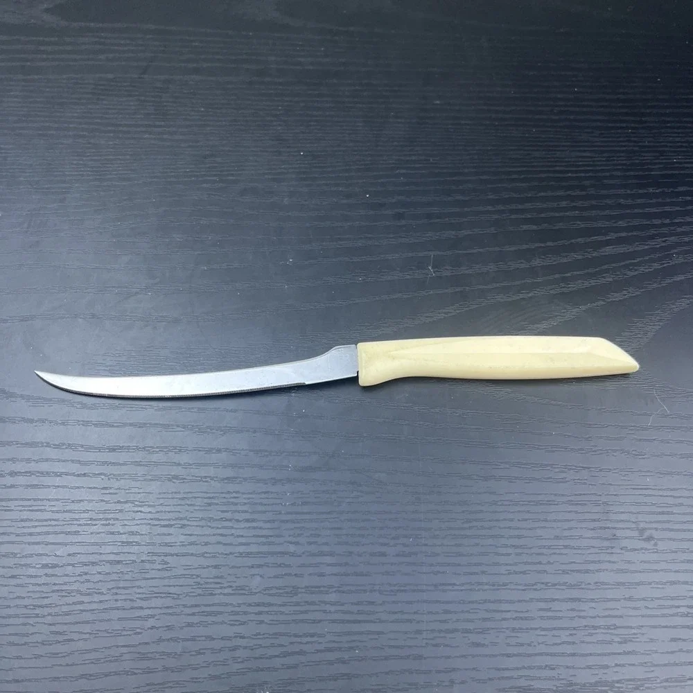 Vintage EKCO Serrated Kitchen Knife Stainless Steel Beige Plastic Handle USA